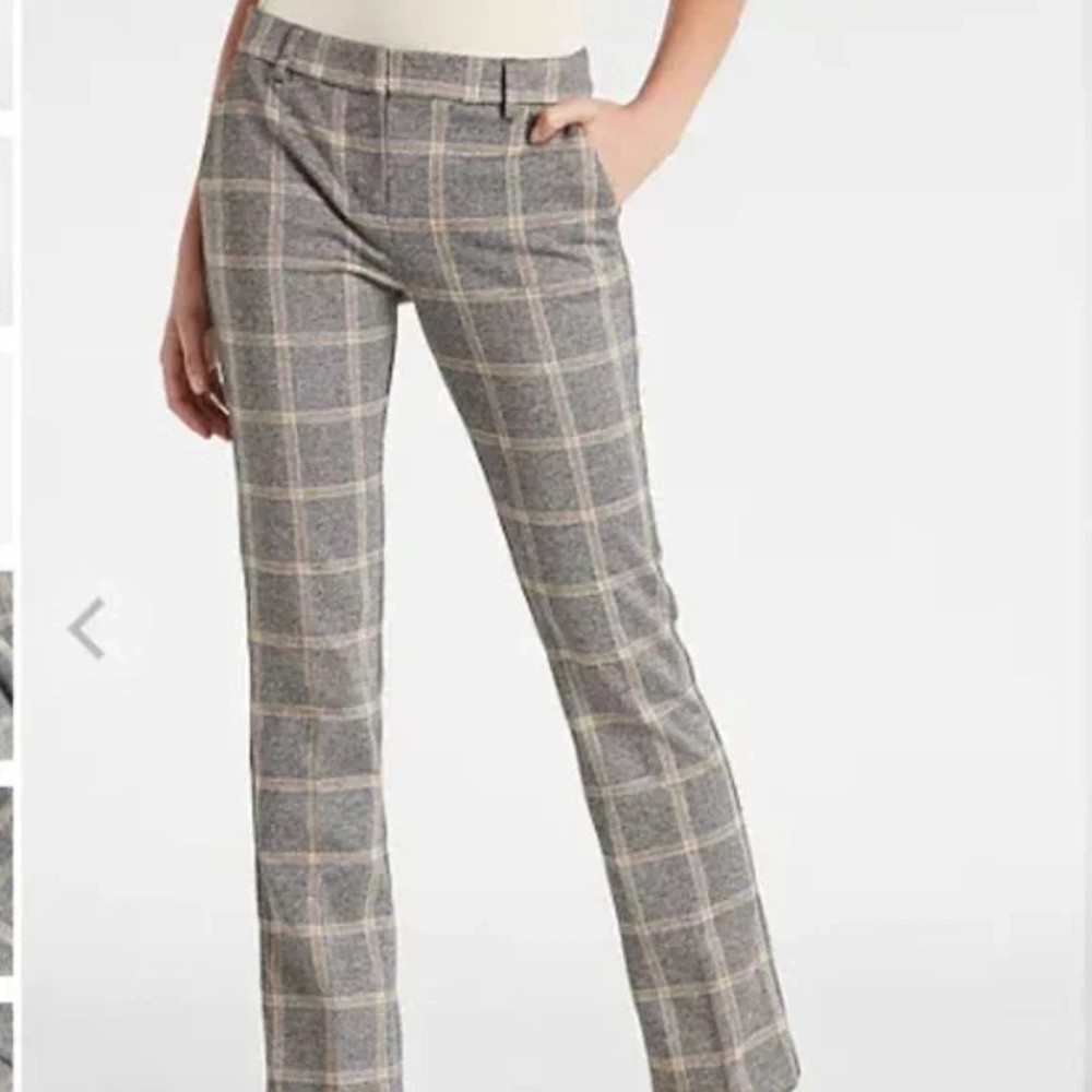 NWT Express Columnist Mid Rise Plaid Boot Cut Pant, Gray/Tan, Size 6R